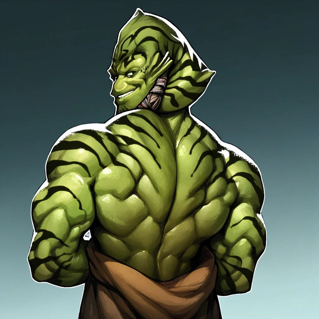 score_9, score_8_up, score_7_up BREAK Kalleran, alien, Star Wars, green skin, shirtless, muscular male, large muscles, from behind, 1boy, solo, looking behind, smile