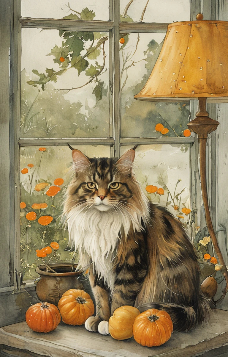 masterpiece,best quality,<lora:tbh142-sdxl:0.8>,cute Mainecoon cat,illustration,style of Elsa Beskow,