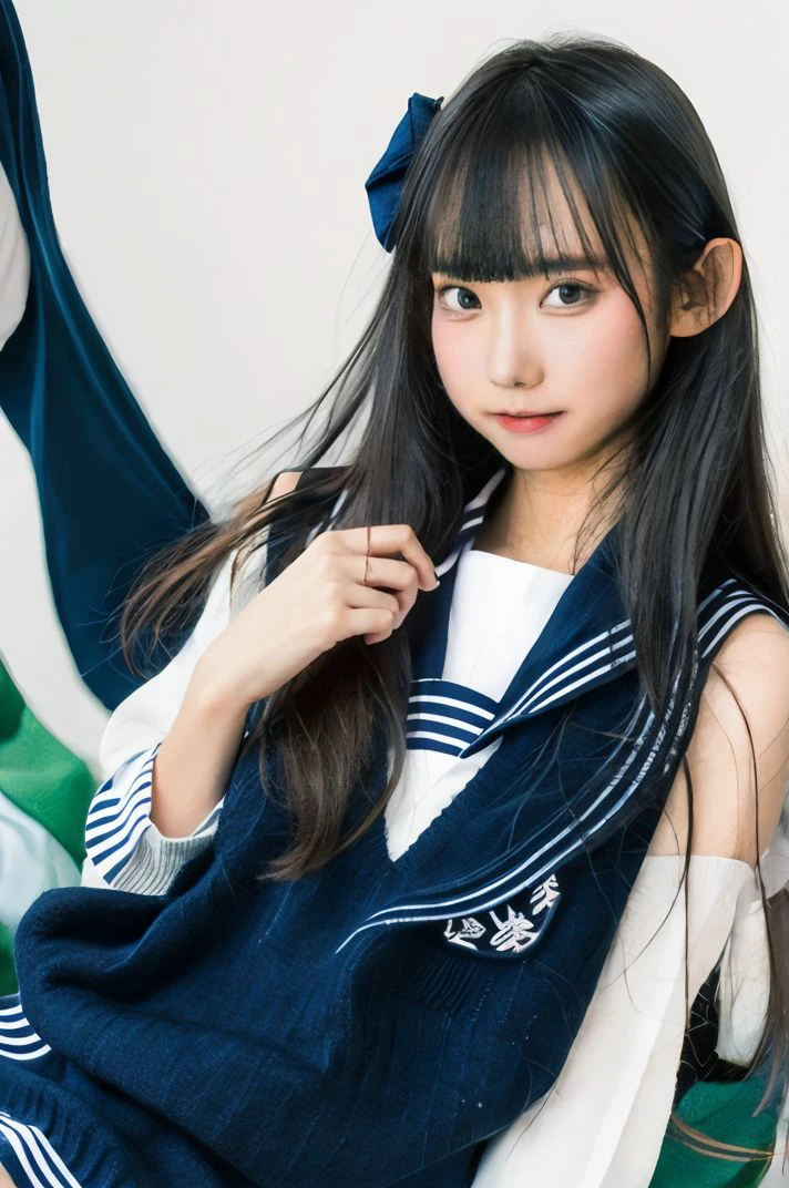 1girl, solo, medium breasts, looking at viewer, realistic, photorealistic, bangs, lips, black hair, closed mouth, brown eyes, long hair, blunt bangs, hyper detailed, super sharp, crisp, smooth, smooth gradients, depth of field, (in studio: 1.1), (white background: 1.1), <lora:lau_azuki:1>, <lora:breastsizeslideroffset:-0.3>, <lora:skin_slider_v2_1_FACE:0.5>, <lora:add_detail_v5:1>, blue sailor collar, green bow, grey sweater vest, sailor collar, school uniform, shirt, sweater vest, white shirt,