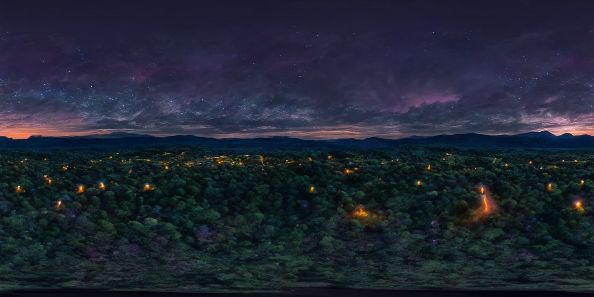 360panorama,No seams,Generate an enchanting and surreal depiction of a world locked in perpetual twilight. Picture a captivating landscape where the boundaries between day and night blur into an everlasting twilight. The sky should be a mesmerizing blend of deep blues and soft purples,with a faint,ethereal glow on the horizon. Show a mystical terrain,featuring delicate,bioluminescent flora and fauna that illuminate the landscape with gentle,otherworldly radiance. Let the scene emanate a sense of tranquility,mystery,and a touch of magic. Focus on intricate details and realism to create an image that transports viewers to this captivating twilight realm,<lora:360èªæ-V1.4:1>,