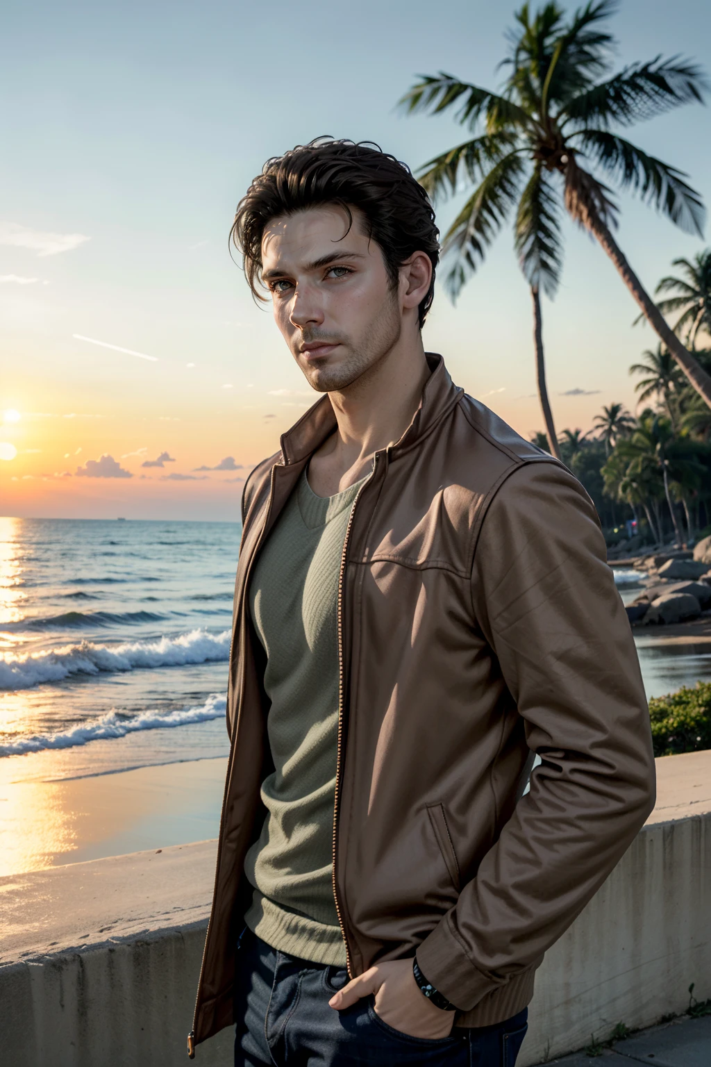 ((ultra detailed, masterpiece, absurdres))
<lora:DBHGavin:0.8>
DBHGavin, 1boy, brown hair, facial hair, at the beach, casual clothing, palm trees, sundown