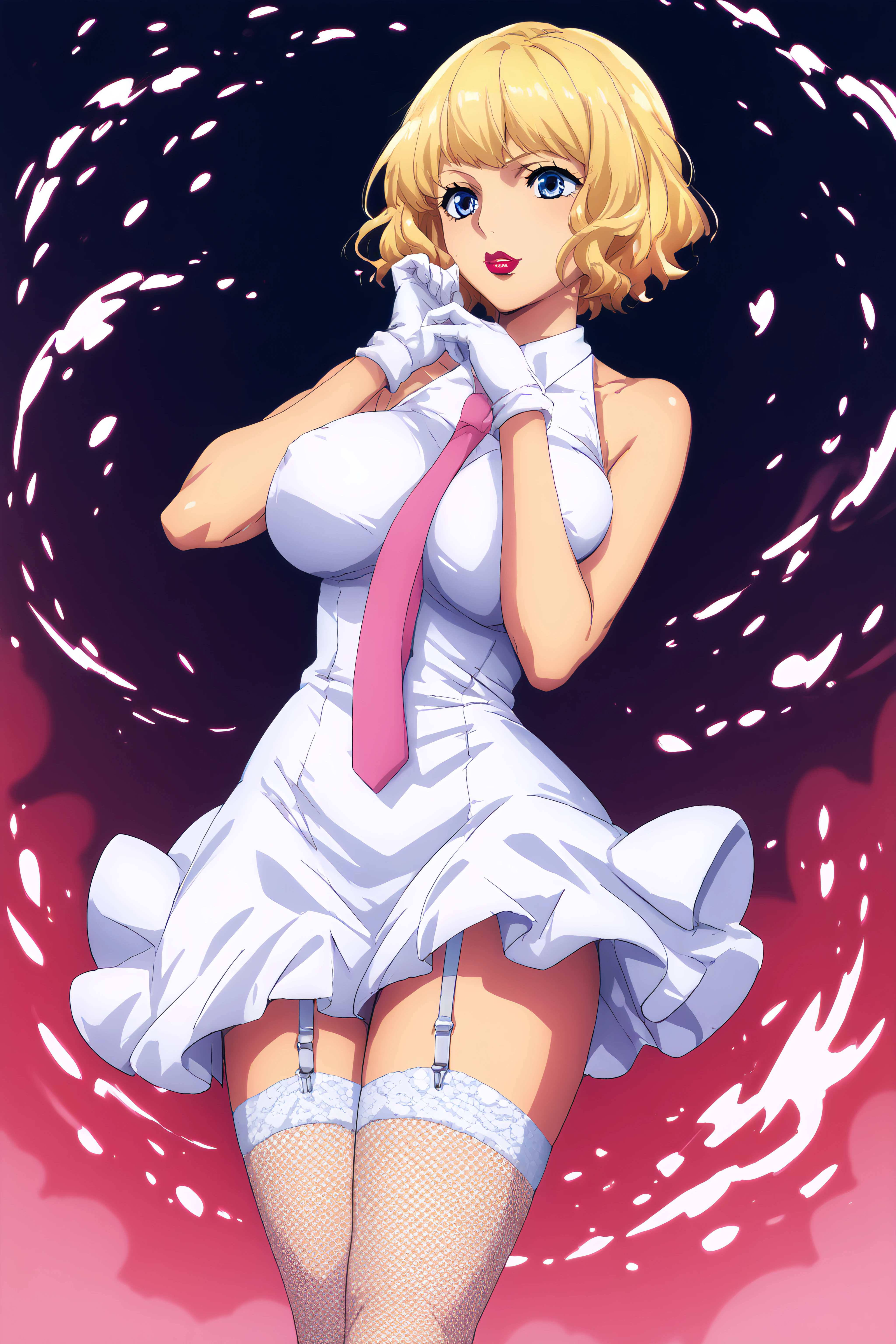 score_9, score_8_up, score_7_up, BREAK source_anime, <lora:Stussy-PonyXL-lora-Faxtron:0.8> stussy, blue eyes, blonde hair, short hair, lipstick, large breasts, white dress, sleeveless, pink necktie, garter straps, white gloves, fishnet white thighhighs,