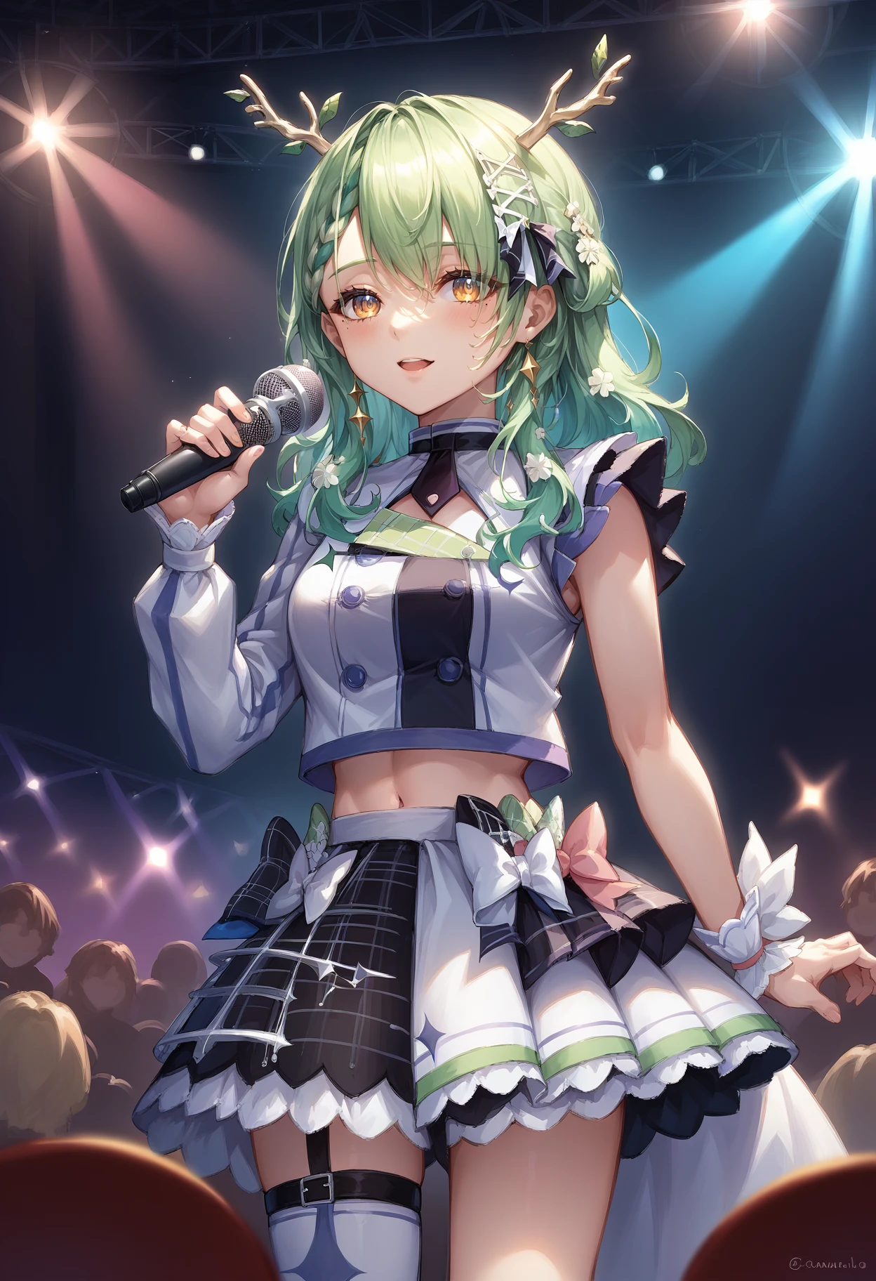 score_9, score_8_up, source_anime, 1girl, solo, FaunaIdol, mole under eye, antlers, long hair, braided bangs, hair flowers, hololive idol uniform, layered skirt, single sleeve, wrist cuffs, single thighhigh, thigh strap, concert, on stage, microphone, holding microphone, stage lights, <lora:ChamCeresFaunaPonyXL:1>