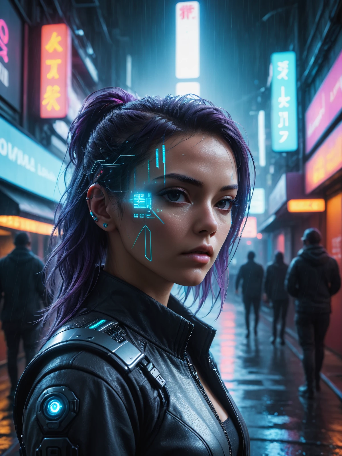woman, mad-hdvrly, cyberpunk, hologram alley, haze, steam, rain, mightneon light <lora:Neon_Cyberpunk_Headoverlay_SDXL:0.6>, raw photo, film grain, Fujifilm XT3, (photorealistic, realistic:1.2), deep shadow, 8k, uhd, dslr, ultra high res