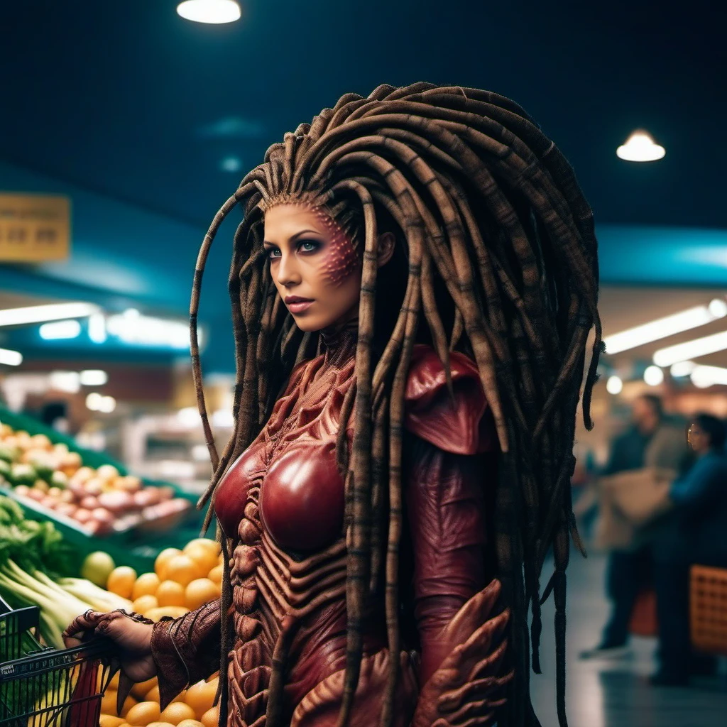 cinematic photo a science fiction monster woman, dreadlocks, grocery shopping <lora:InfestedKerrigan1024:0.8> . 35mm photograph, film, bokeh, professional, 4k, highly detailed