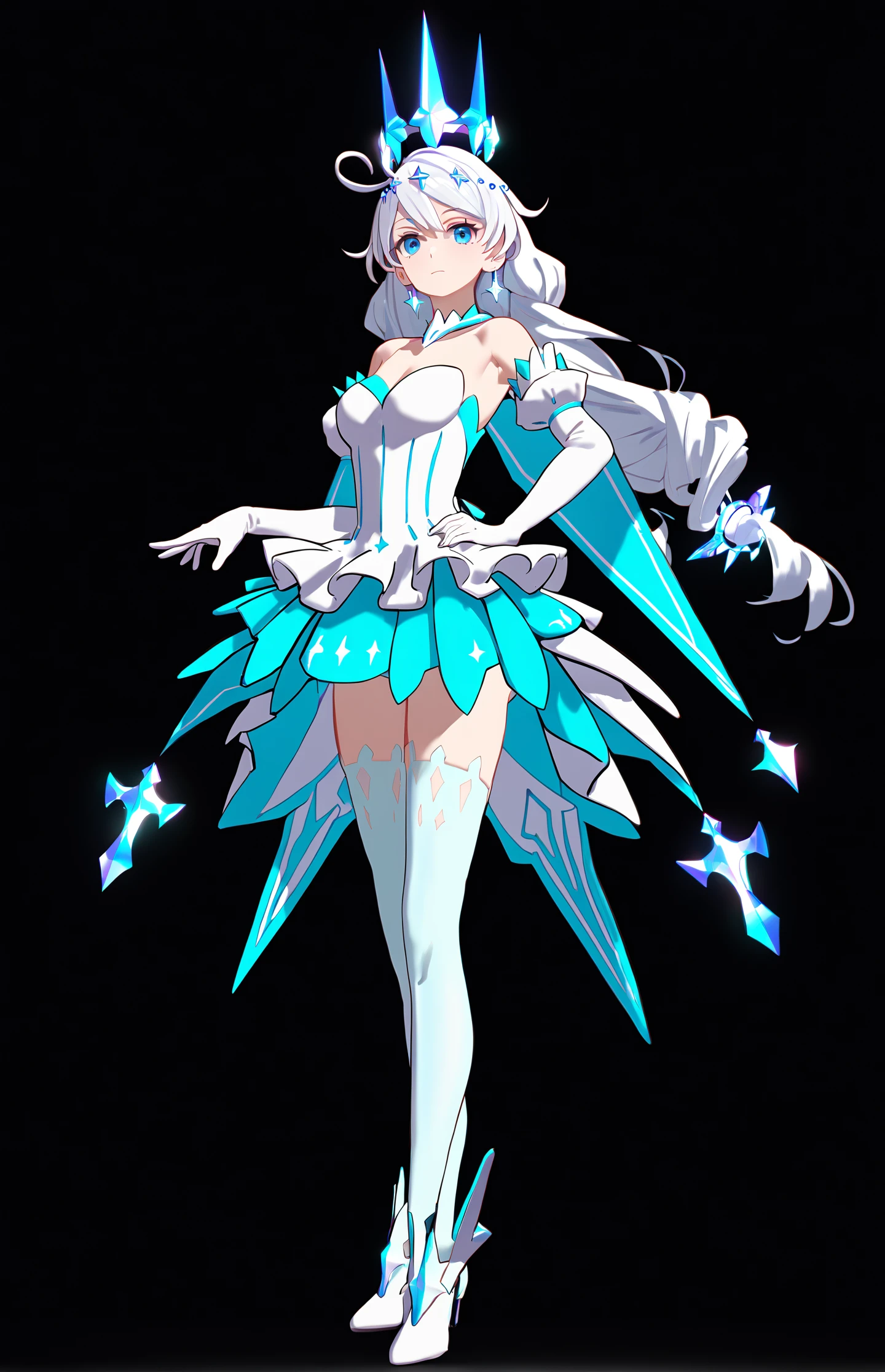 8k, best quality, masterpiece, (ultra-detailed:1.1), (high detailed skin),
(full body), white background, standing, looking at viewer, (solo), hand on hip,
<lora:kiana-young-A3-Tanger-000011:0.7>, kiana kaslana, dongzhi, 5th clothes, 1girl, blue eyes, gloves, white thighhighs, dress, long hair, elbow gloves, white hair, crystal crown, bare shoulders, bangs
(beautiful_face), ((intricate_detail)), clear face,
((finely_detailed)), fine_fabric_emphasis,
((glossy)), full_shot,
