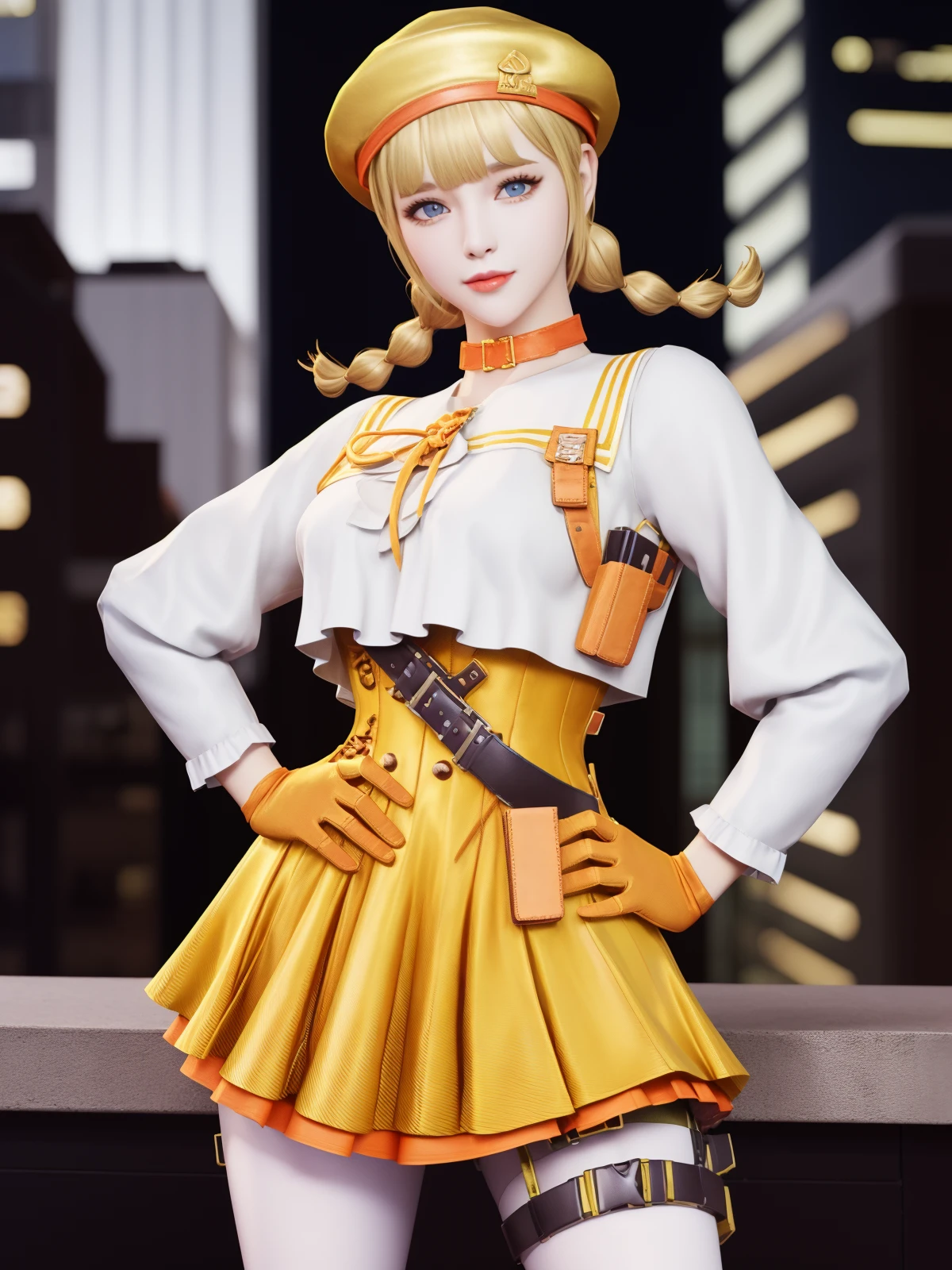 CFwangzheqingyaQF, 1girl, solo, gloves, blonde hair, hat, twin braids, holster, white pantyhose, blue eyes, looking at viewer,thigh holster, choker, bangs, high heels, long sleeves, high-waist skirt, lips, blunt bangs,shirt, <lora:CFwangzheqingyaQF:0.75>,cityscape, night,