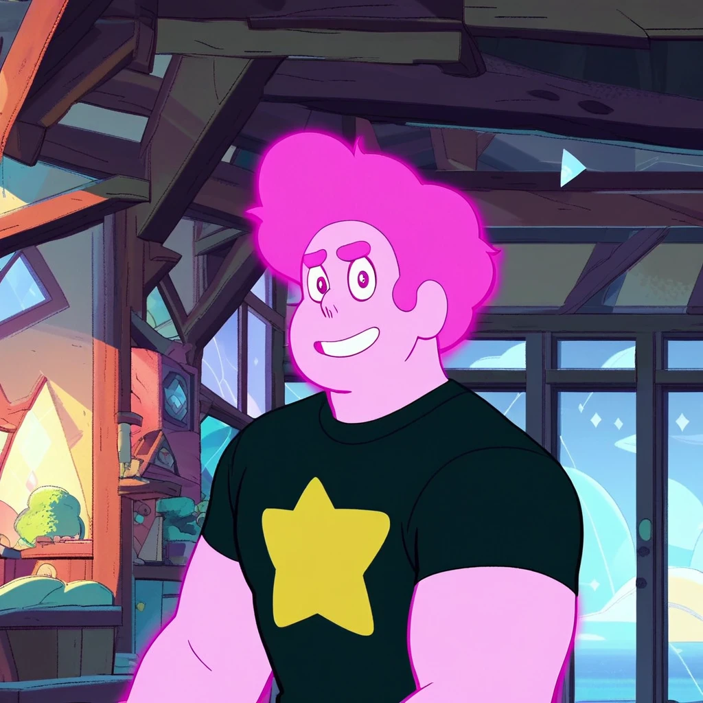score_6_up, score_7_up, score_8, 1boy, Steven, solo, male focus, looking at viewer, smile, black shirt, star symbol, pink skin, pink hair, bara, official style, official art, indoors, upper body, 4k,