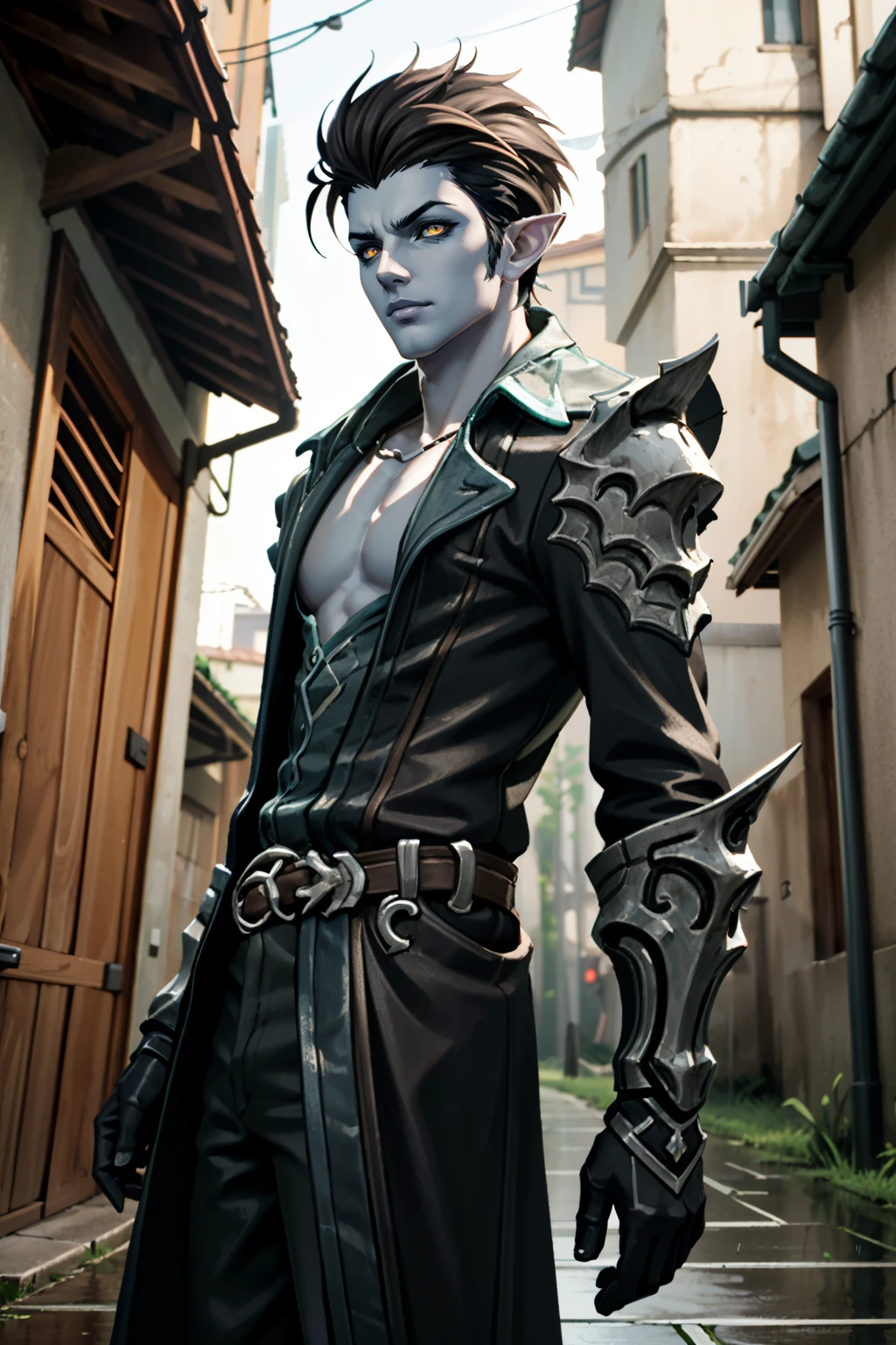 ((ultra detailed, masterpiece, absurdres))
<lora:LAKharmine:0.8>
LAKharmine, 1boy, short hair, brown hair, pointy ears, colored skin, colored sclera, standing in the rain, dark alley, cowboy shot