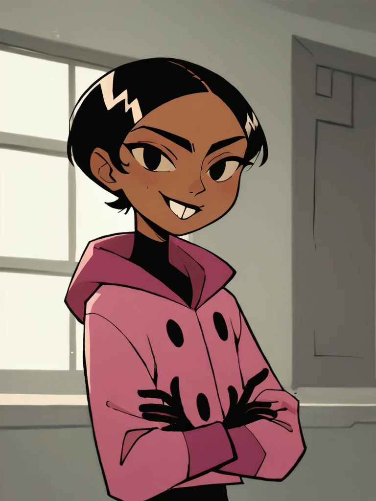 <lora:BritPony1.3:0.65> brit, solo, 1girl, black hair, short hair, dark-skinned female, black eyes, pink jacket,black,black gloves, buttons,buck teeth,upper body,standing, score_9, score_8_up, score_7_up, score_6_up, score_5_up, score_4_up, smile, indoors, looking at viewer,