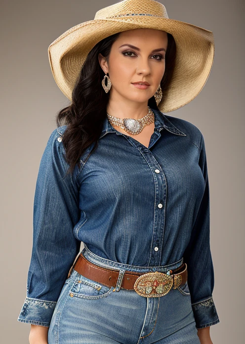 Advertising poster style, A captivating masterpiece of an woman in a saloon, (((dressed in a denim blouse and a cowboy hat))), full body, glamour, dramatic, studio lighting, looking at viewer, blurred background, 8k, <lora:MS_RoxanneDiamond_V1_32:0.8>, glamorous hairstyle, elaborate necklace, long earrings, modern, product-focused, commercial, eye-catching, dark background, highly detailed