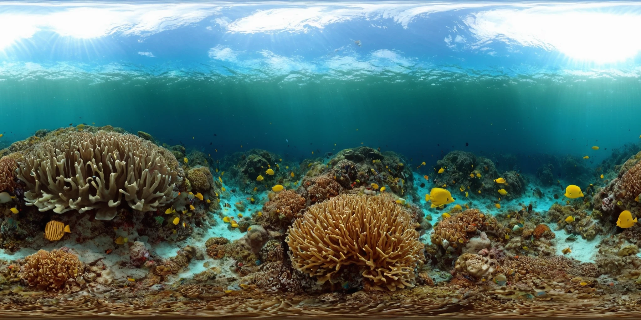 360panorama,<lora:HMSG360æµ·åºä¸çXL-000005:1>,<lora:åå½±XL:1>,Underwater world,Swimming fish,Coral reef exploration,Deep sea,Sunlight filtering through water,No specific artist,Photo-realistic,Fantasy,Digital painting,Nature scene,Vibrant marine colors,High-definition rendering,4K,High detail,