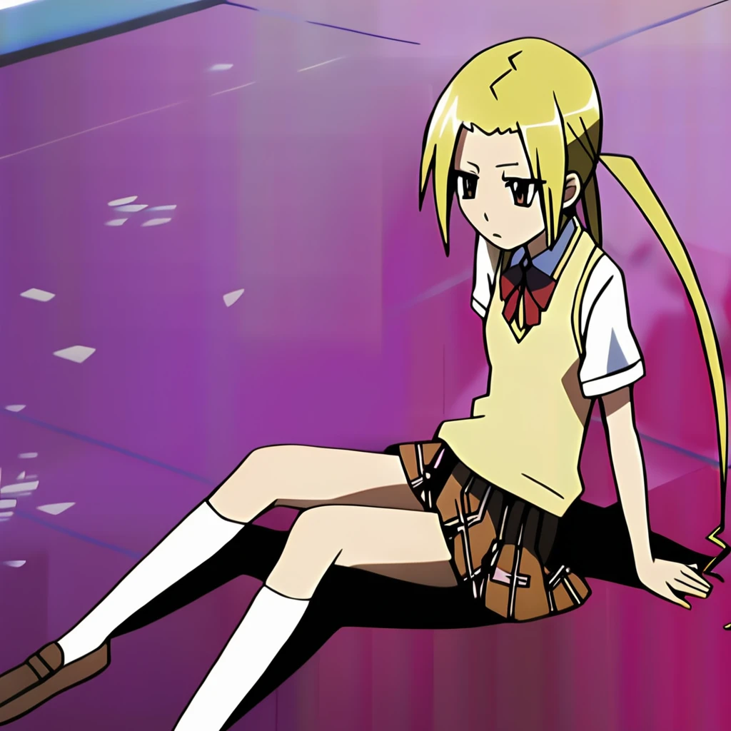 anime artwork illustrating Hagimura_Suzu, 1girl, solo, long hair, skirt, blonde hair, twintails, school uniform, (petite), socks, sweater vest, high quality,masterpiece,animestyle, highress,female focus. created by japanese anime studio. highly emotional. best quality, high resolution