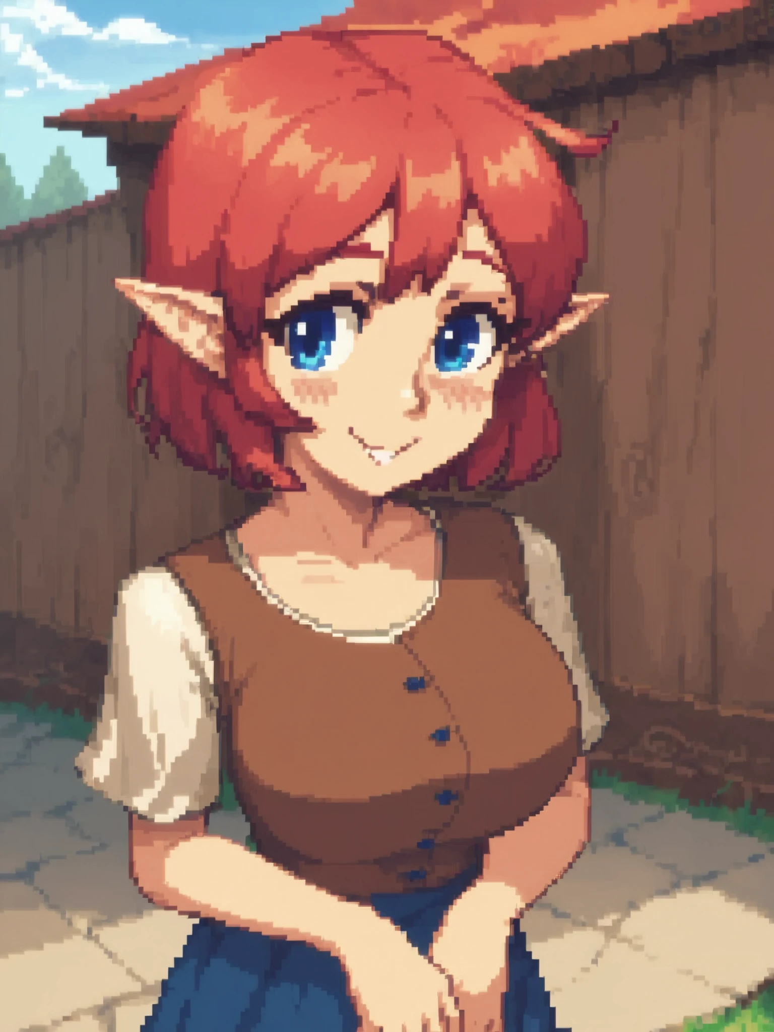 score_9, score_8_up,c0ne, pixel art, outdoors, anjuxl, 1girl, solo, breasts, looking at viewer, blush, smile, short hair, brown shirt, white sleeves, short sleeves,  blue eyes, blue skirt, large breasts,  dress, collarbone, red hair, pointy ears,  <lora:anjuxl:0.75>    <lora:cone:1>