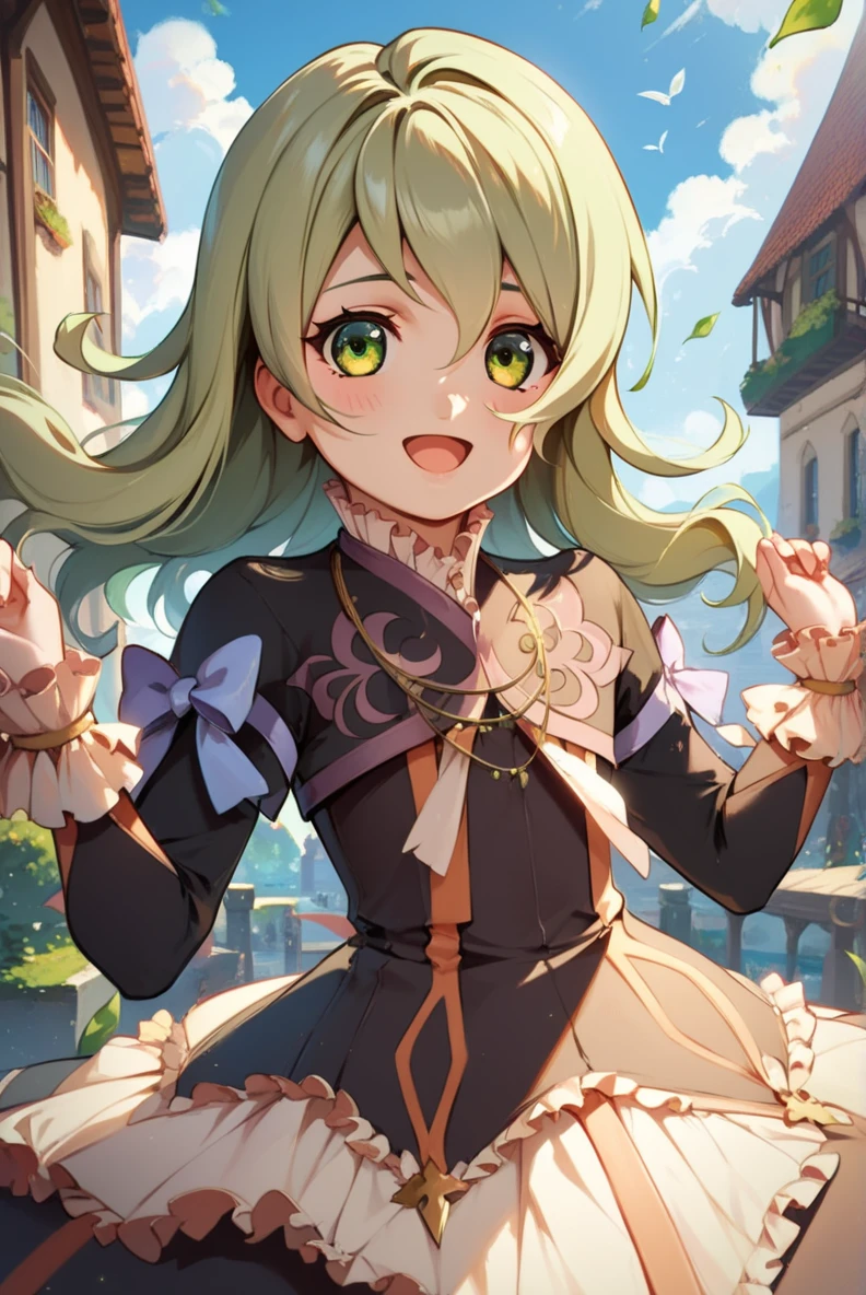 score_9, score_8_up, score_7_up, very aesthetic, source_anime, detailed, high quality, beautiful, masterpiece, detailed eyes,
village,
<lora:lightXL:0.8>
cowboy shot, upper body,
flat chest,
light smile, open mouth, blush
<lora:elizeX1_autismConfetti_v02:1>elize lutus, green hair, green eyes, long hair, dress, frills, ribbon, thigh boots, thighhighs,, zPDXL