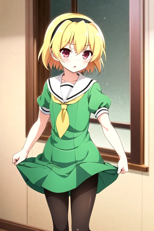 <lora:Satoko Houjou anylora15r-000006:0.7>, houjou satoko, 1girl, pantyhose, blonde hair, solo, hairband, short hair, red eyes, school uniform, dress, sailor dress