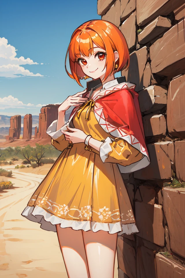 1 girl, outdoors, desert, standing, smile,
<lora:Azure_Dreams_-_Fur:0.5> azurefur, orange hair, red eyes, short hair, bangs
red capelet, yellow dress, hoop skirt,