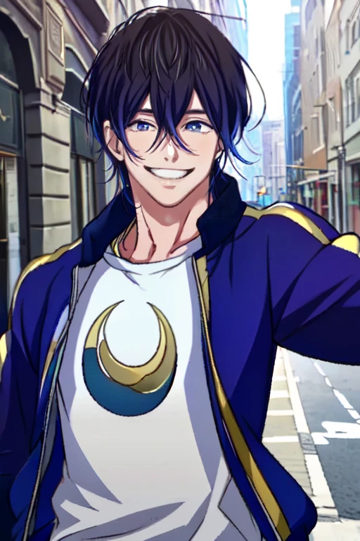 (masterpiece),(best_quality),1boy,Gattenshi,casual,blue jacket,crescent print shirt,smile,<lora:Gattenshi:1>,