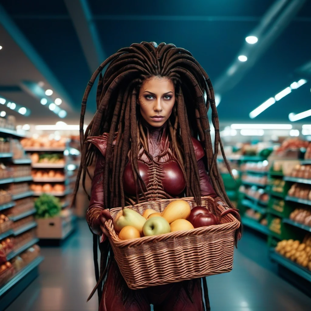 cinematic photo a science fiction monster woman, dreadlocks, holds a basket in grocery shopping <lora:InfestedKerrigan1024:0.8> . 35mm photograph, film, bokeh, professional, 4k, highly detailed