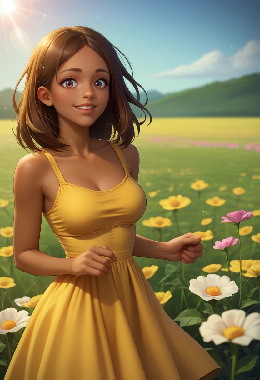score_9, score_8_up, score_7_up, BREAK 1girl, solo, <lora:courtneytd-guy-PONYv2:.95>, courtneytd, dark skin, yellow dress, sundress, flower field, outdoors, depth of field, light particles, lens flare, excited, looking at viewer, breasts,