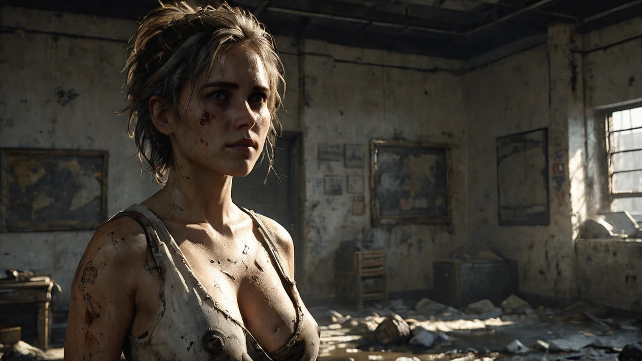 an illustrated award-winning upper body portrait of a young female, Human, Survivor, Alive, dirty and gritty, post-apocalyptic, ultra realistic Environmental, nsfw, medium breasts, toned body, ripped shirt, white shirt, messy hair, perfect face, ray tracing, realistic, depth of field, subsurface scattering, cleavage, highly detailed, harsh lighting, cinematic lighting, detailed skin, detailed eyes, Brown detailed hair, masterpiece, best quality, ultra-detailed, high res, realistic lighting, 