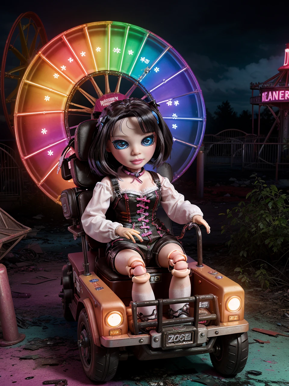 <lora:RainbowHigh:1> abandoned amusement park, rainbow high doll is enjoying a ride, naughty, looking at the viewer, naughty, dark atmosphere, intricate, 4k, tack sharp, nikon DSLR, master piece