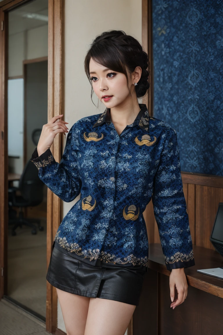 (((masterpiece))), (((best quality))),  1girl, rem(\rezero\), batik-kopri, blue shirt, form fitting, looking at viewer, mini skirt, black skirt, long sleeves,  amazing intricate finely detailed, office background, bokeh dynamic poses, dynamic angle, <lora:batik-kopri:0.8>