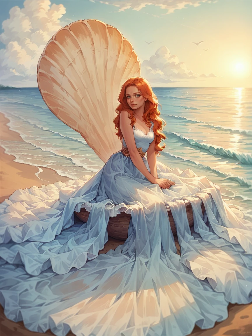 score_9, score_8_up, score_7_up, score_6_up, <lora:sh3llXLP:0.6> large shell, crown, dress, 1girl, long hair, ocean, ginger hair