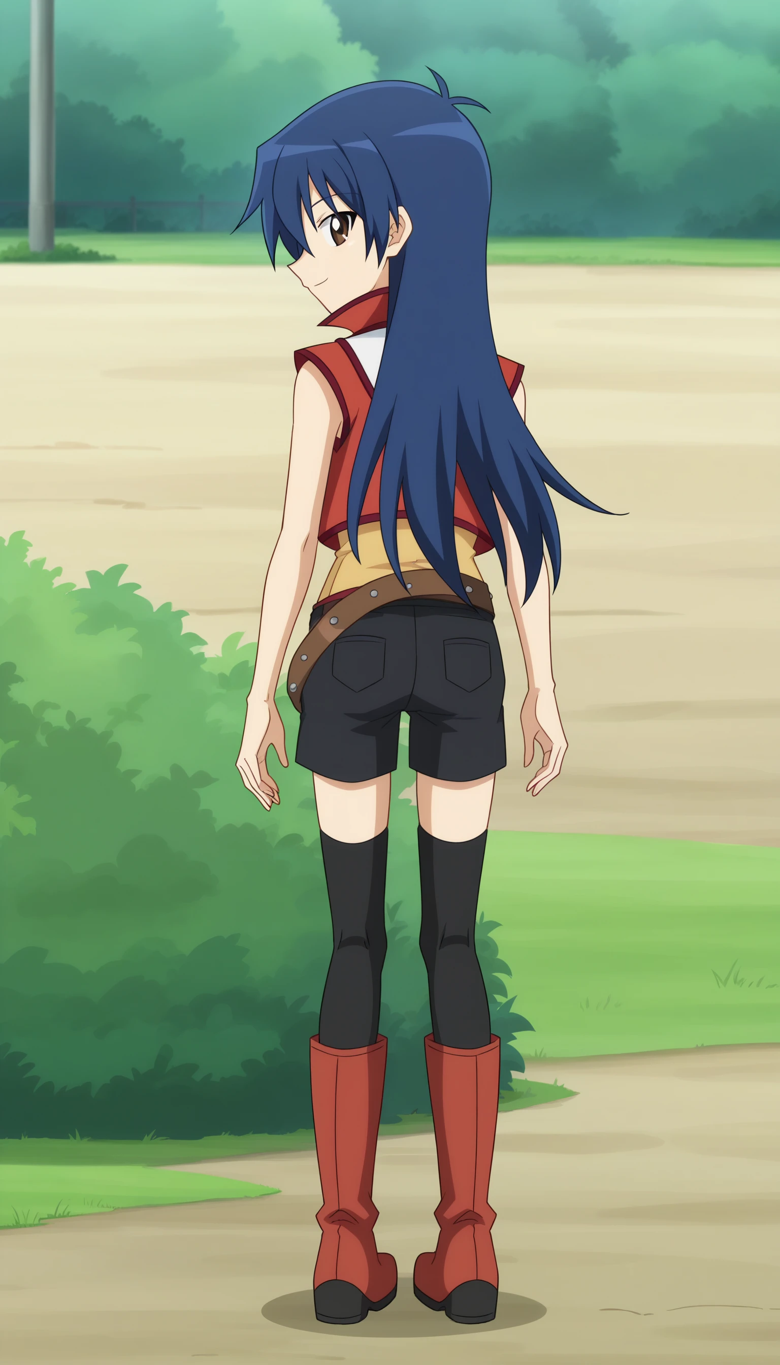 outdoors,
<lora:BlairSDXL_1-000008:1.0>,blairf, 1girl,solo, long hair, blue hair, sleeveless jacket, sleeveless shirt, brown eyes, smile, brown belt, hair between eyes, looking at viewer, black thighhighs, standing,, from behind, looking back, black shorts, full body, red footwear,, knee boots,
anime screencap, anime coloring,