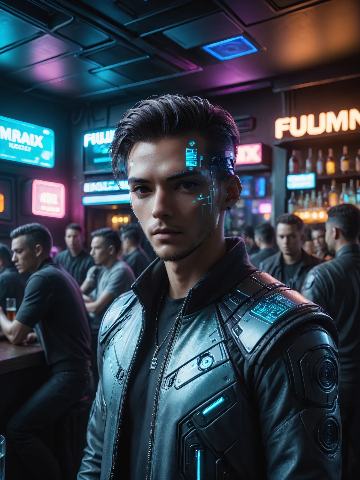 man, mad-hdvrly, cyberpunk, (floating hologram:1.2), crowded bar, depth of field, neon light <lora:Neon_Cyberpunk_Headoverlay_SDXL:0.8>, raw photo, film grain, Fujifilm XT3, (photorealistic, realistic:1.2), deep shadow, 8k, uhd, dslr, ultra high res