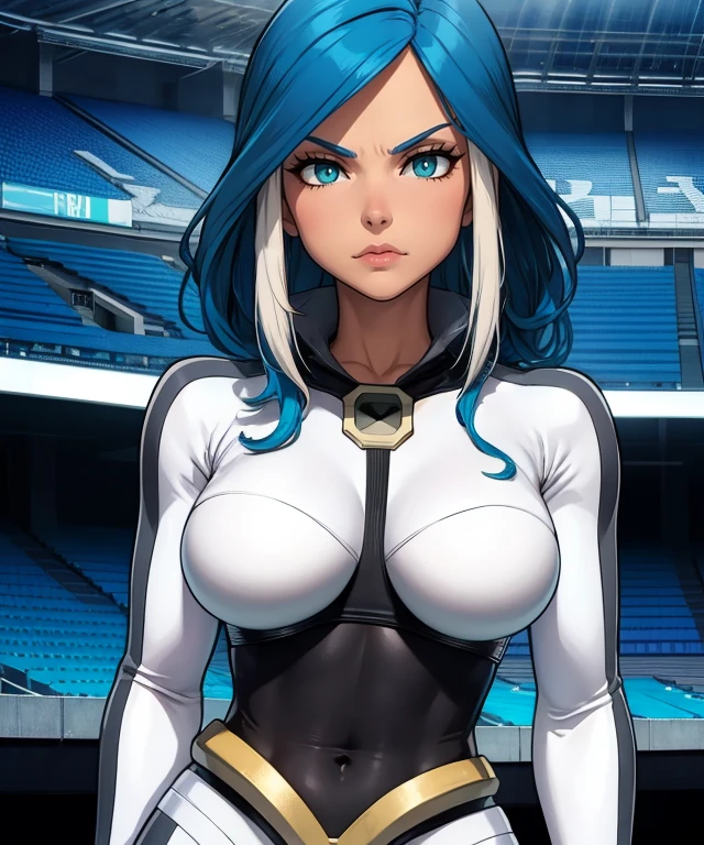 YagamiR,aqua eyes,blue hair,two-tone hair,
white and black bodysuit,white gloves,
standing,upper body,
stadium,solo,looking at viewer,
(insanely detailed, masterpiece, best quality),<lora:YagamiReina-R12:0.8>,