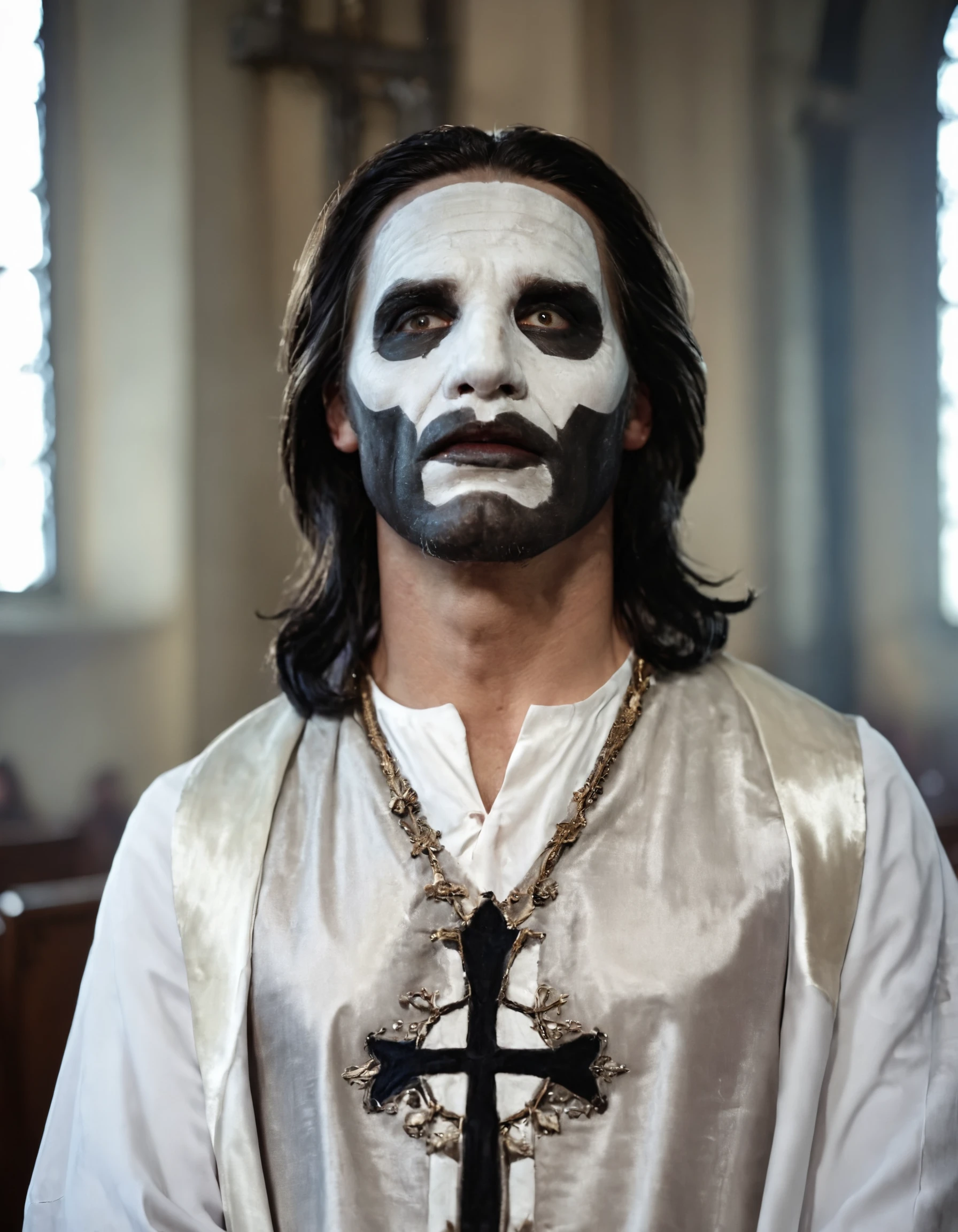 male, long black hair, as jesus christ, wear a white tunic, facepaint, inside a church, black lips