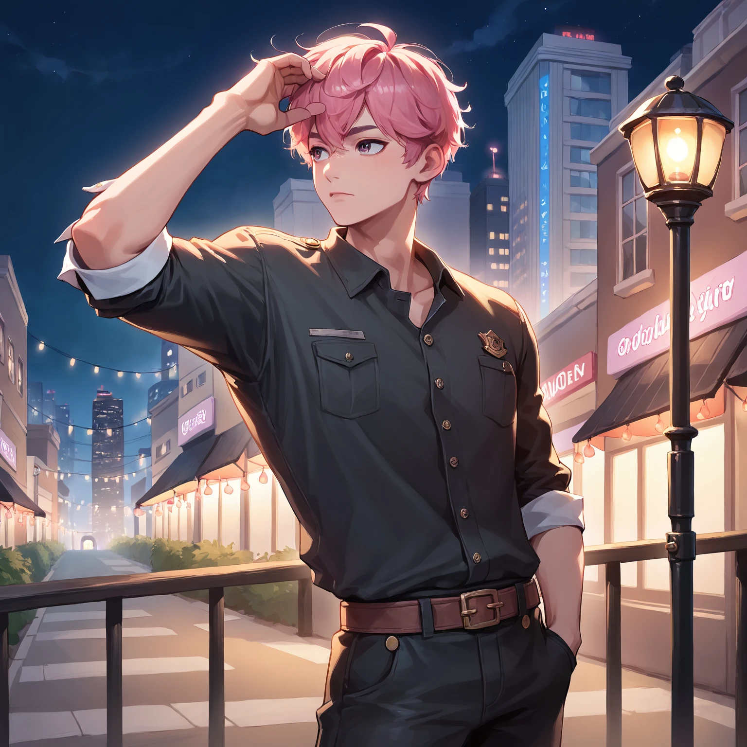 score_9, score_8_up, score_7_up, all in one, masterpiece, best quality, lots of details,Bamby,1boy,pink hair,solo,slim,male focus,shirt,pants,black shirt,hand in pocket,black pants,belt,night,short hair,pink eyes,collared shirt,city lights,hand on own head,closed mouth,cityscape,looking to the side,standing,sleeves rolled up,city,outdoors,embedding:zPDXL2, 