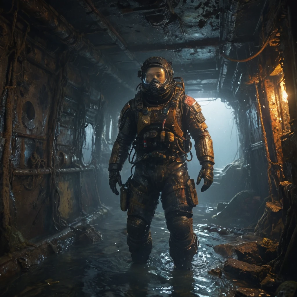 diver in pressure suit exploring sunken ship,

, oil painting, done with japanese brush technique, realistic, extreme detail, dark and warm environment, 8k,

, cinematic lighting, volumetric lighting, Film grain, cinematic film still, shallow depth of field, highly detailed