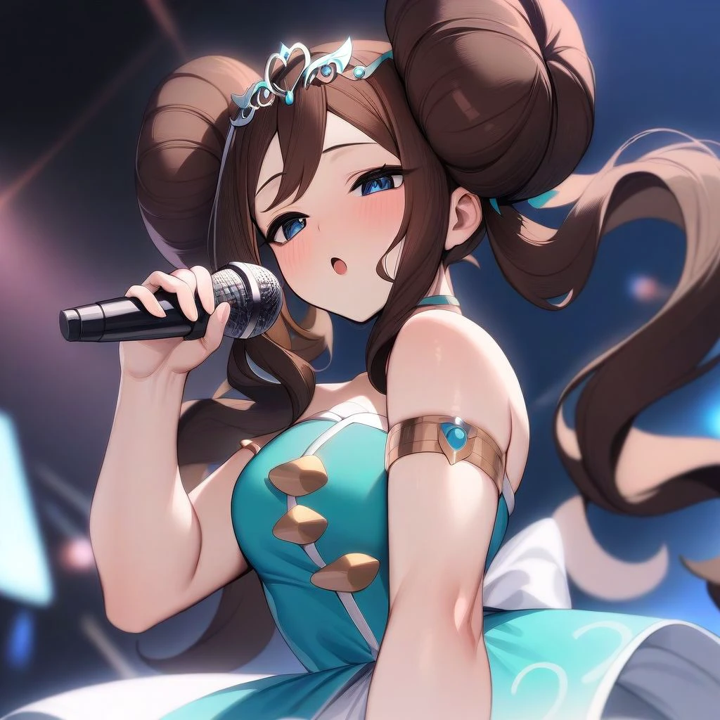 high quality, masterpiece, best quality, aesthetic, very aesthetic, solo, 1girl, brown hair, blue eyes, double bun, twintails, long hair, wavy hair, tiara, aqua dress, white dress, strapless, armlet, half-closed eyes, :o, microphone, holding, holding microphone