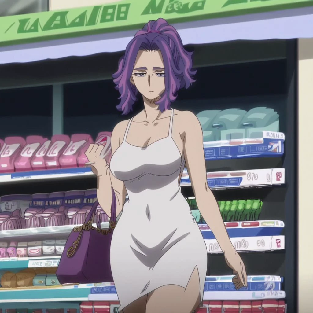 anime screencap,anime coloring,uncensored, 1girl, solo, (ponytail:1.2), mature female, lady nagant, purple hair, pink hair, purple eyes, street, collarbone, tight dress, white dress, mini dress, earrings, store, handbag, looking at viewer