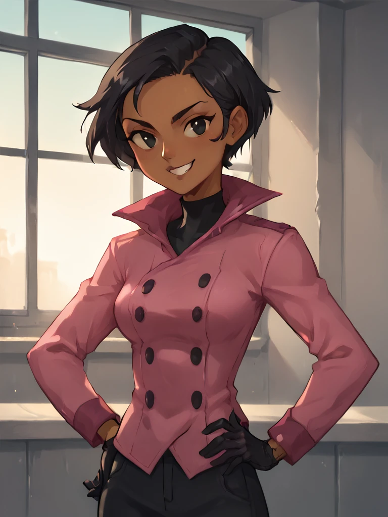 <lora:BritPony1.3:0.75> brit, solo, 1girl, black hair, short hair, dark-skinned female, black eyes, pink jacket,black,black gloves, buttons,upper body,standing, hand on own hip, breasts, score_9, score_8_up, score_7_up, score_6_up, score_5_up, score_4_up, smile, indoors, looking at viewer, <lora:Smooth Anime Style LoRA XL:1>