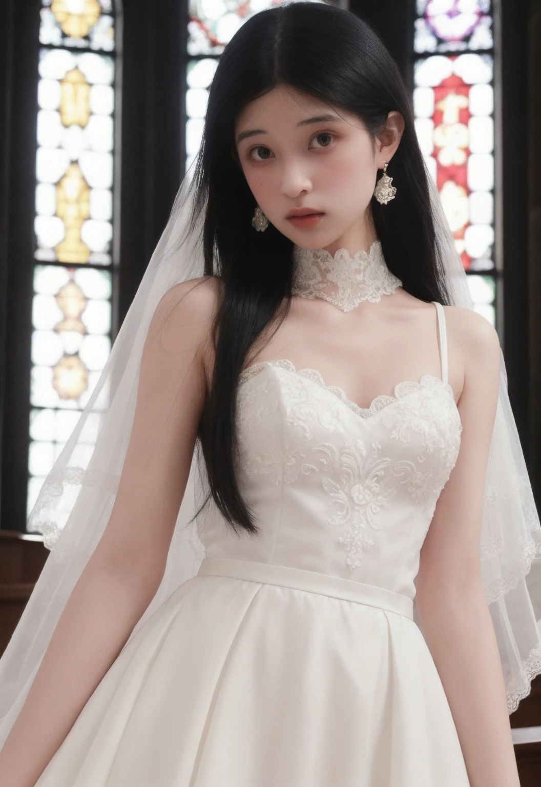 masterpiece, high quality,1girl, upper body, wedding dress, bridal veil, lace trim, choker,earrings, lace trim, ornate clothes, skirt hold, blush, standing, knees,garter straps,parted lips, narrow waist,
pale skin, church,
<lora:ip-adapter-faceid-plusv2_sd15_lora:0.63> <lora:chunriwan_v1:0.5>