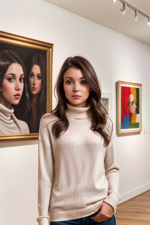 (Upper Body Photo) of <lora:Br1tt4nyM_v12:0.8>, Br1tt4nyM, 1girl, solo, brown hair, brown eyes, long hair, Inside a modern art gallery with white walls and minimalist decor, the influencer stands in front of a vibrant abstract painting. She’s clad in a sleek, black turtleneck sweater, which contrasts beautifully with the colorful artwork behind her. The gallery's soft lighting enhances the colors of the painting, while her poised stance shows her appreciation for the art. The quiet, contemplative atmosphere of the gallery is palpable.