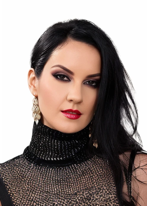fashion editorial style, a captivating masterpiece of an woman, (((dressed in a turtleneck dress))), full body, The intricate lace and gold details exude a very rebellious aura. ((The use of high-shine gloss adds a touch of glamour to the look)), ((while the deep red and black hues give it a dramatic vibe)), blurred background, studio ligthing, facing camera, shallow depth of field, <lora:MS_RoxanneDiamond_V1_32:0.8>, high fashion, trendy, stylish, editorial, magazine style, professional, highly detailed
