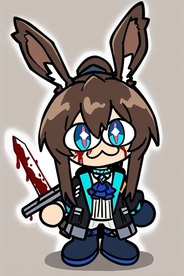 neco-arc, chibi, :3, tail,full body,(masterpiece),(best quality),1girl, animal ears, amiya (arknights), solo, blue eyes, rabbit ears, long hair, holding, looking at viewer, blood, weapon, blue ascot, upper body, holding weapon, brown hair, ascot, hair between eyes, sword, holding sword, jacket, blood on face, closed mouth, open clothes, sidelocks, open jacket, jewelry, shirt, neck ring, white shirt, black jacket, ponytail, glowing,