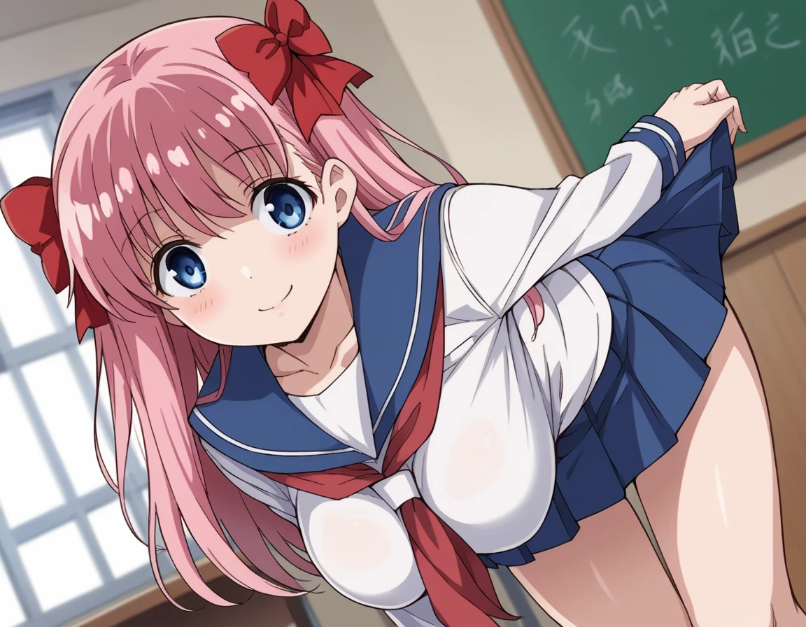 score_9, score_8_up, score_7_up, source_anime,
nodokaharamura, <lora:nodoka-haramura-s1-ponyxl-lora-nochekaiser:1>,
nodoka haramura, blue eyes, hair bow, long hair, pink hair, bow, large breasts,
blue skirt, kiyosumi school uniform, pleated skirt, school uniform, serafuku, skirt,
indoors, classroom, bent over, smile,
solo, looking at viewer, cowboy shot, dutch angle,