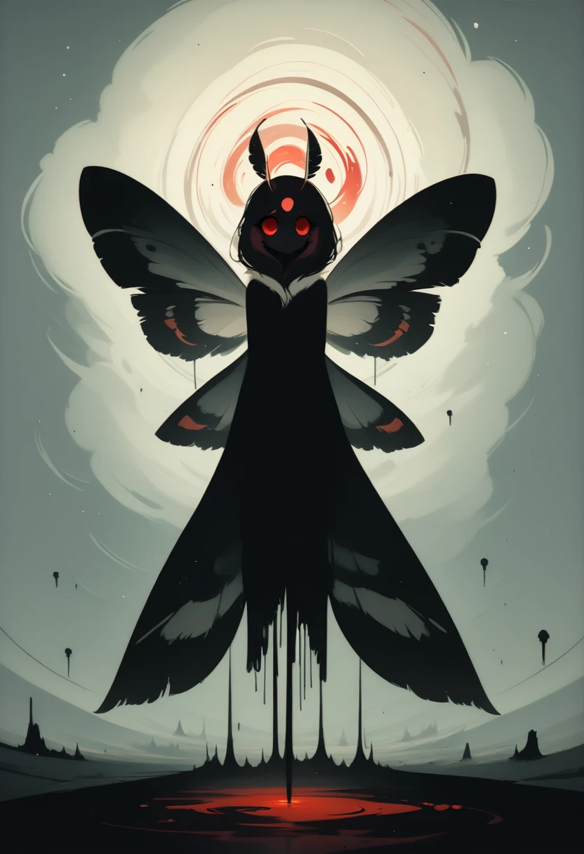 score_8_up, solo, moth, moth wings, 1girl, silhouette, sad, long legs, standing beneath lamp, looking at object, looking up, empty eyes, night, official wallpaper, simple background, negative space, red eyes, looking at viewer, <lora:NoctAbstractConcept:1>