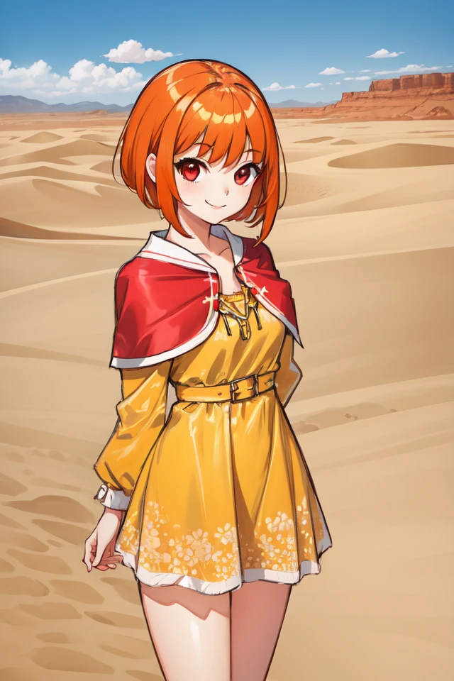 1 girl, outdoors, desert, standing, smile,
<lora:Azure_Dreams_-_Fur:0.5> azurefur, orange hair, red eyes, short hair, bangs
red capelet, yellow dress, hoop skirt,