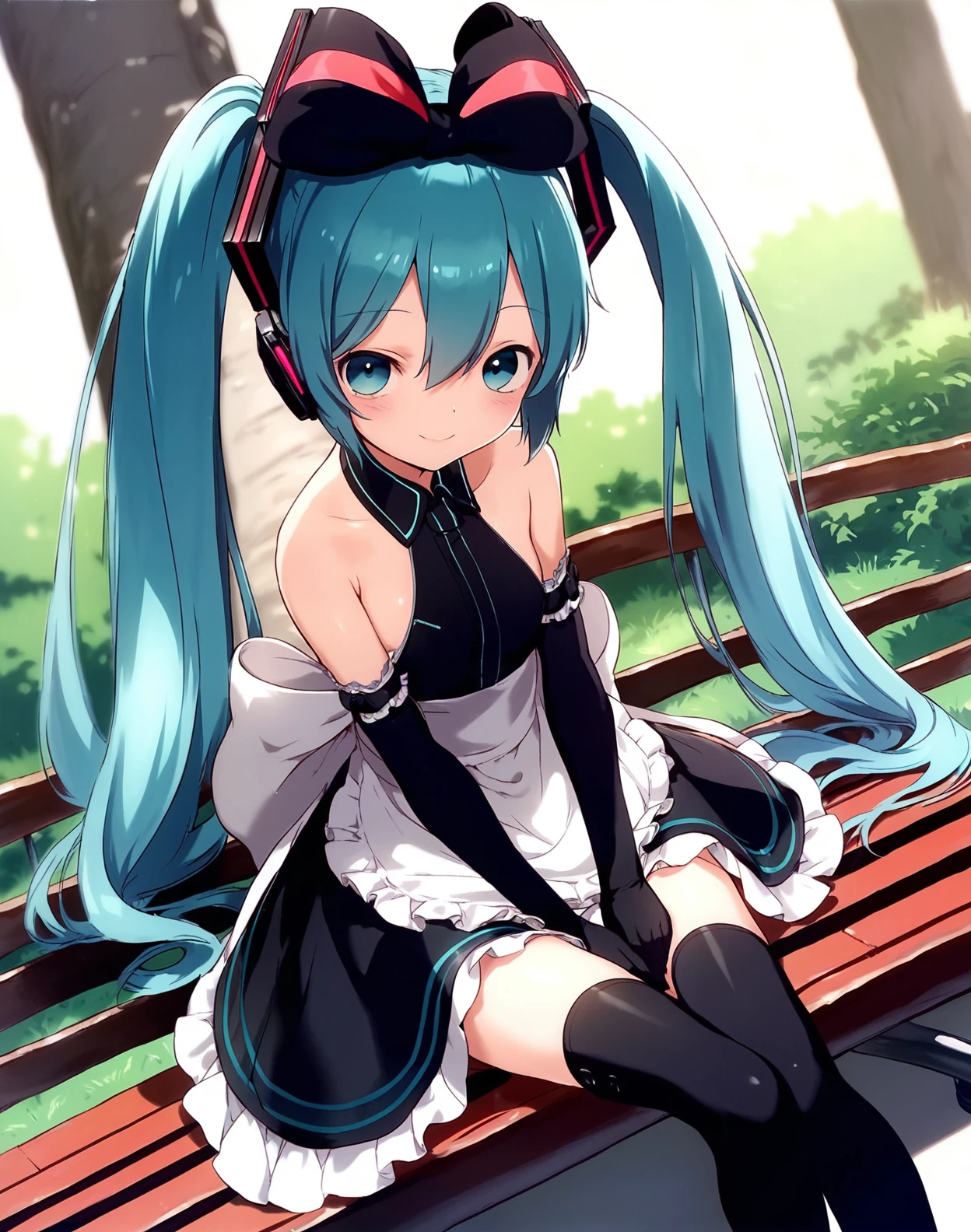 score_9, score_8_up, score_7_up,score_6_up,  1girl sitting on a park bench, smile, dutch angle, (hatsune miku:0.8), black thighhighs, striped clothes, black elbow gloves, blush, apron, bow, skirt, maid, ribbon, dress, bare shoulders, hair bow,  <lora:boku_style_pony6_v1:1.2>