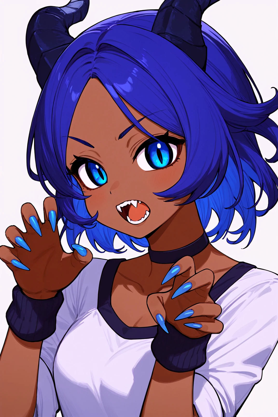 1girl, dragon horns, jahy, dark-skinned female, dragon girl, blue hair, blue eyes, open mouth, dark blue hair, shirt, multicolored eyes, fangs, claw pose, white background, looking at viewer, simple background, medium hair, upper body, sleeves rolled up, slit pupils, teeth, swept bangs, long sleeves, parted bangs, blue nail polish, long sharp fingernails, choker, crop top