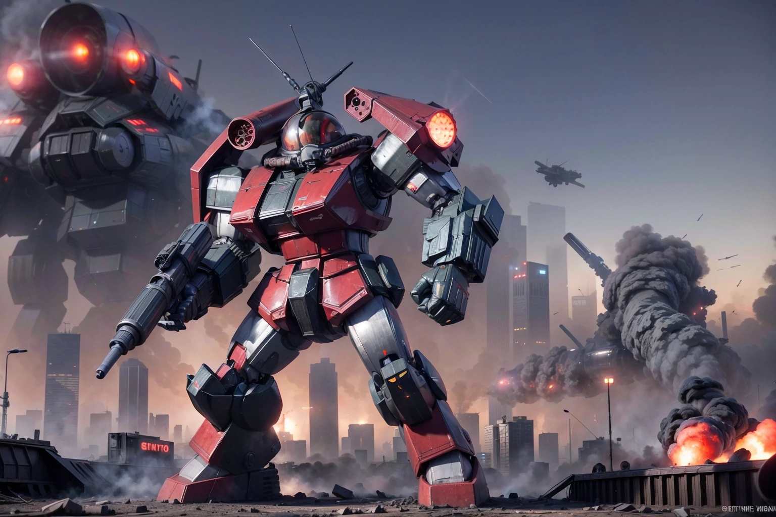 RAW photo of a detailed giant red and grey <lora:Robotech_ThorenGriffin:.8> robot, firing a gun in its hand at enemy soldiers off in the distance, standing next to a freeway overpass, with a burning cityscape in the background, explosions, smoke, lasers firing in the sky, <lora:more_details:.6>