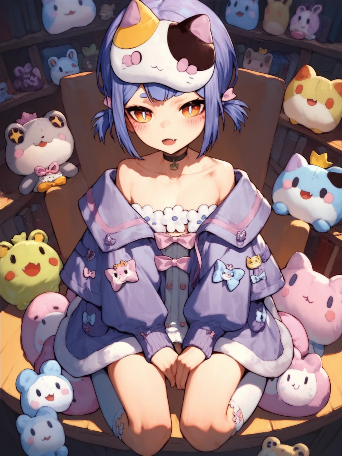 (score_9,score_8_up,score_7_up,),<lora:wazi2:0.9>,wazi,solo,virtual youtuber,short hair,socks,blue hair,bow,kneehighs,twintails,facing viewer,animal on head,purple hair,choker,hair ornament,fang,collarbone,animal slippers,blush,coat,