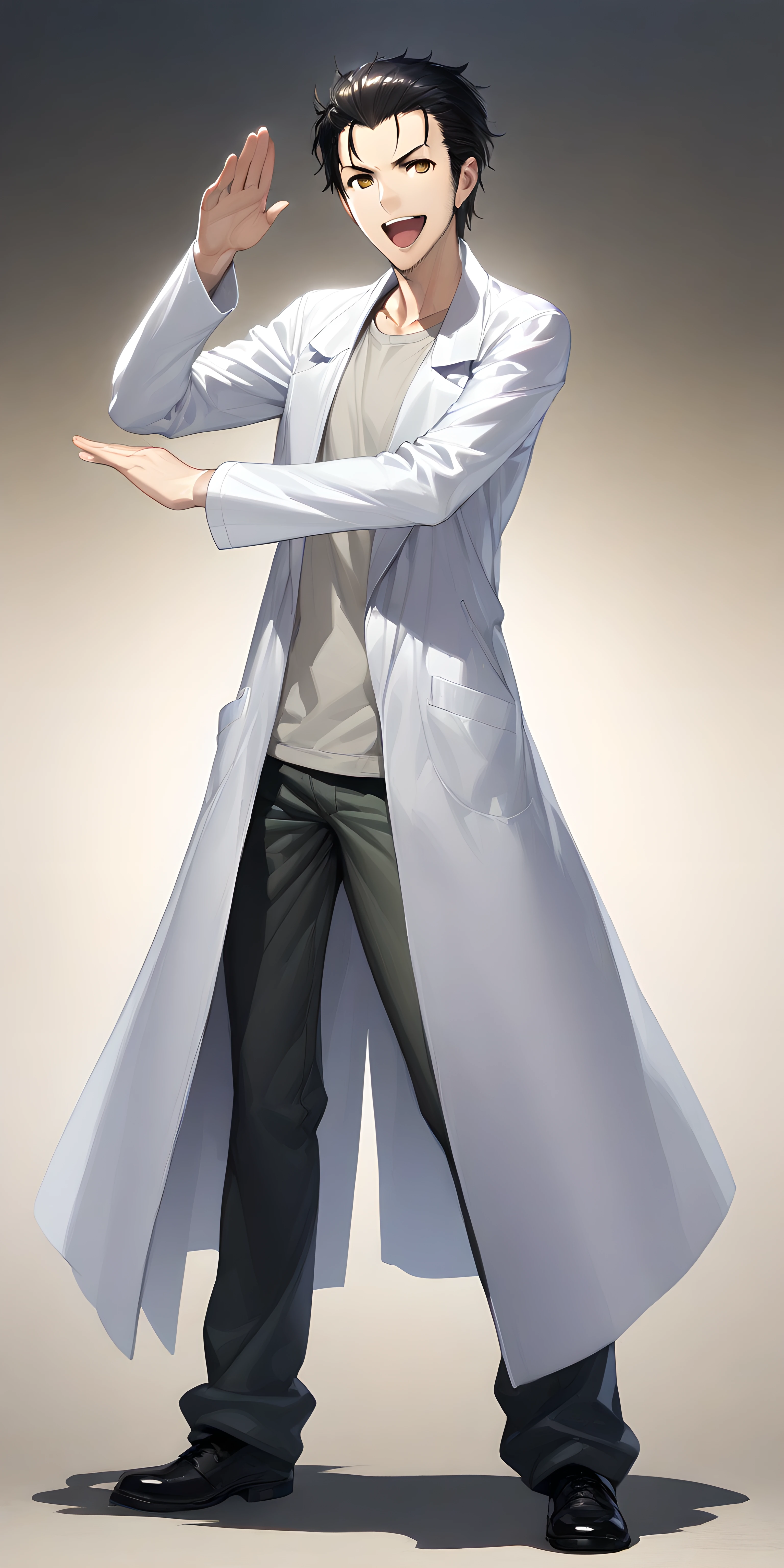 (masterpiece),(best quality),(ultra-detailed),(best illustration),(best shadow),(absurdres),(detailed background),(very aesthetic), okabe rintarou, 1boy, male focus, solo, black hair, labcoat, cosplay, open mouth, full body, smile, brown eyes, pants <lora:Okabe_Rintarou:1>