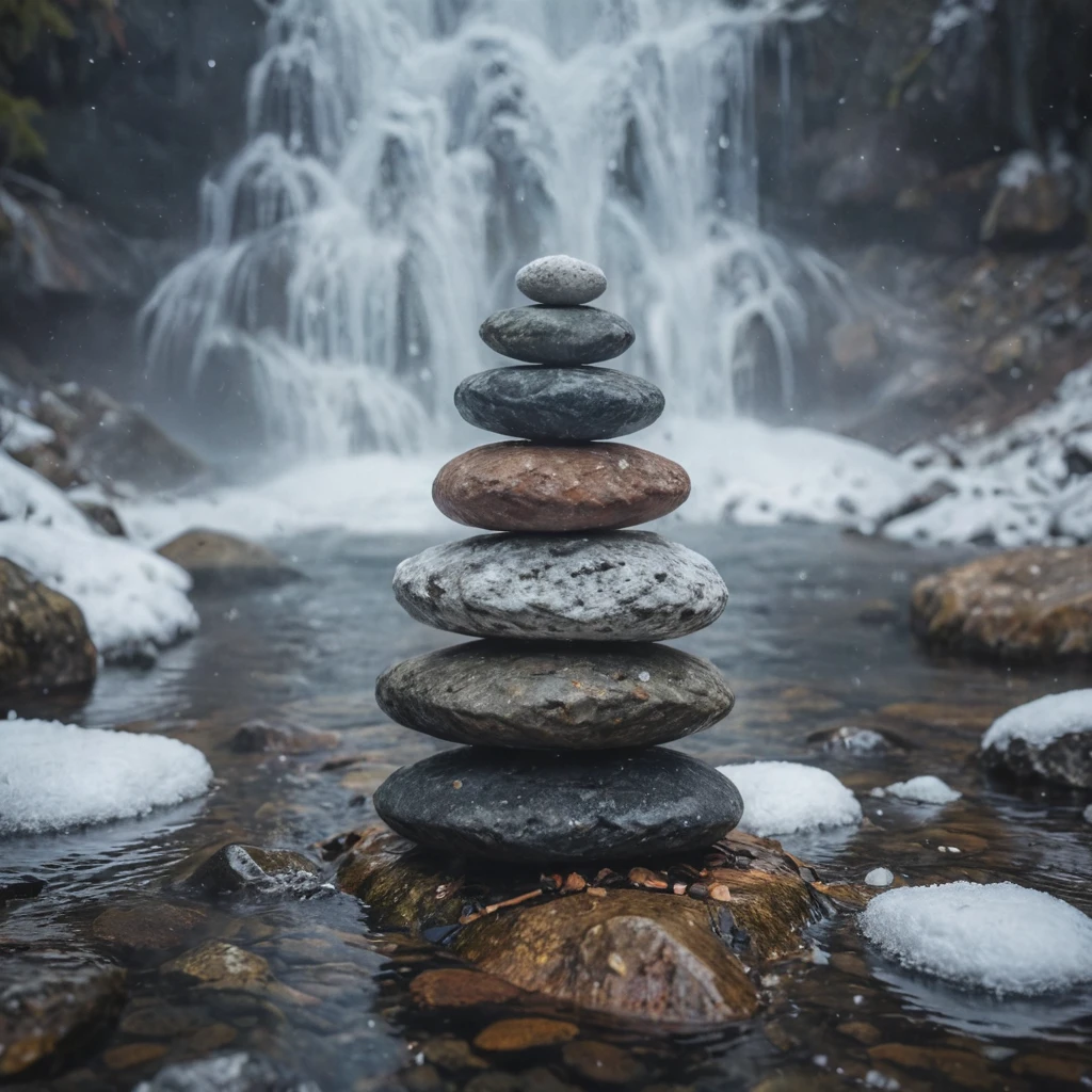 stones stacked on top of each other in front of  crystal clear waterfall, cold mountain with snow in background

, cinematic lighting, volumetric lighting, Film grain, cinematic film still, shallow depth of field, highly detailed